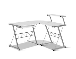 Office Computer Desk Corner Table Metal Pull-Out Keyboard Tray Top White