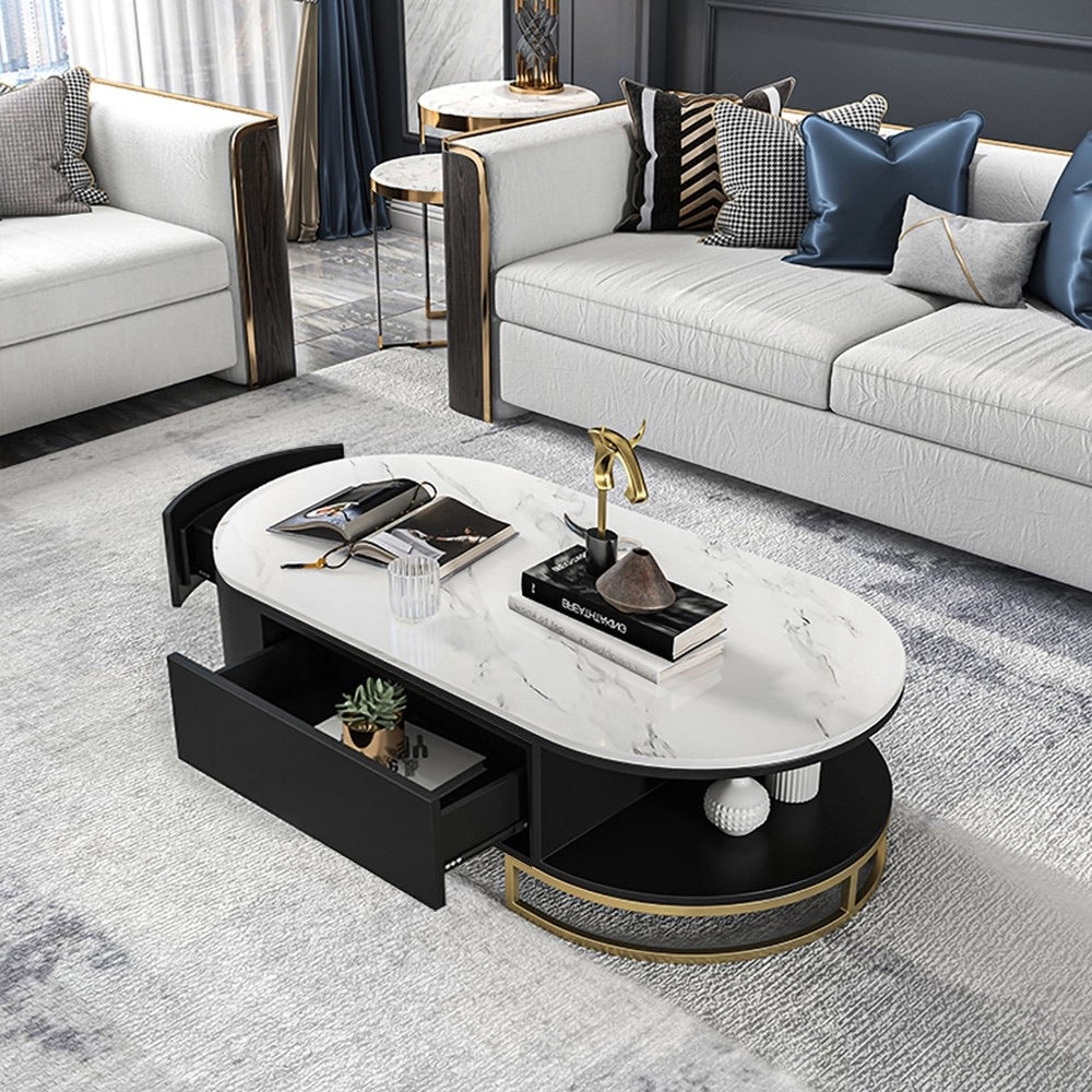 Coliseum White Oval Storage Coffee Table with Drawers Stone Gold Base