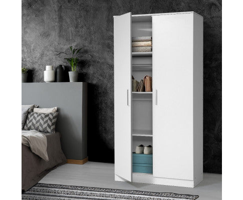 2 Door 180cm Wardrobe Closet Storage Cabinet Kitchen Organiser White