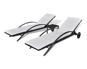 Sunlounger Set 3 Piece Poly Rattan Black Outdoor Pool Daybed Recliner