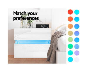 Tiva Bedside Table 2 Drawers RGB LED Side Nightstand High Gloss Cabinet White