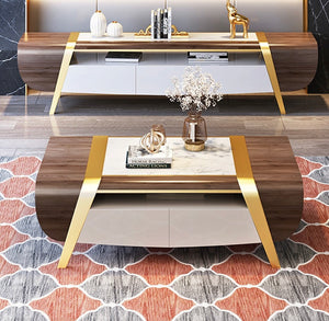 Couture Walnut&White Rectangular Coffee Table with Storage 4 Drawers White Faux Marble Top