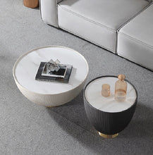 Load image into Gallery viewer, Ostino Beige Drum Coffee Table Stone Round PU-Leather Accent Table in Gold
