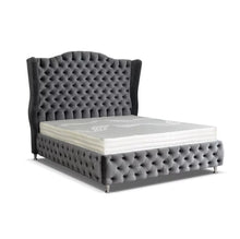 Load image into Gallery viewer, Luxury Alari Bed Frame modern bed Wing Back Chesterfield Grey Velvet Fabric Button bed
