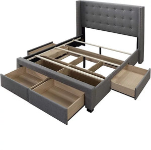 Arazia Wingback Panel Storage Bed Grey Fabric with Tufted Wingback Headboard Bed with 4 Storage Drawers
