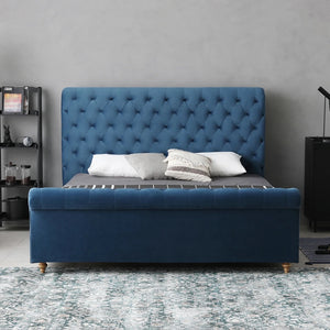 Lunar Luxurious Bed Upholstered In Velvet Blue With Studded Trim