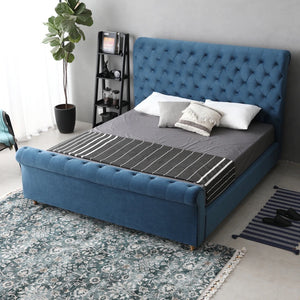 Lunar Luxurious Bed Upholstered In Velvet Blue With Studded Trim