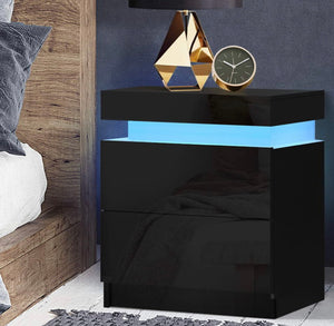 Artiss Bedside Tables Side Table Drawers RGB LED High Gloss Nightstand Black