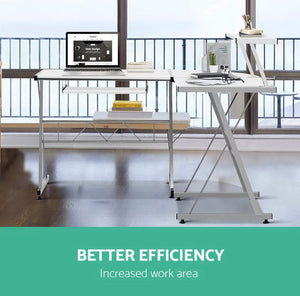 Office Computer Desk Corner Table Metal Pull-Out Keyboard Tray Top White