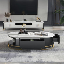 Load image into Gallery viewer, Coliseum White Oval Storage Coffee Table with Drawers Stone Gold Base
