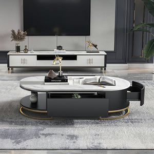 Coliseum White Oval Storage Coffee Table with Drawers Stone Gold Base